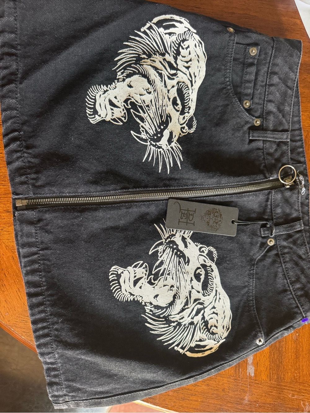 Ed Hardy Black Denim Mini Skirt with White Tiger Print